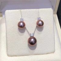 Natürliche Perle Anhänger Halskette und Ohrring-Set aus vergoldeten und S925 Silber frisch Wasser weiß rosa lila starkes Licht rund 10-11mm Geschenk für Frauen Schmuck
