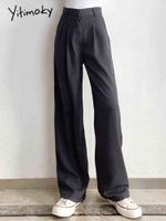 여자 바지 Capris Yitimoky 여성 바지 높은 허리 가루 가죽 넓은 다리 빈티지 스트리트웨어 바닥 2022 스프링 패션 한국 스타일 스택 느슨한 바지 J220919