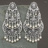 Dangle Ohrringe Klassische Silberfarbe Blumenohrring für Frauen Türkei Bijoux Jhumka Schmuck Ethnische Perle Tassel Tibetaner