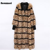 Feminino furão de peles nerazzurri inverno longo listrado quente leopardo macio macio penteado peles casaco ful
