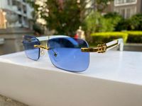Óculos de sol azul para mulheres para mulheres homens copos de marca retangular sem moldura textura de textura de textura moldura de ondulamento de ouro Placa de ondulação de madeira Caso de acessórios