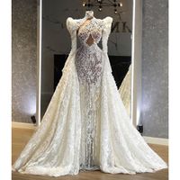 Стильное русалка свадебное платье с длинными рукавами высокие шея 3D кружевные аппликации с блестками жемчужины