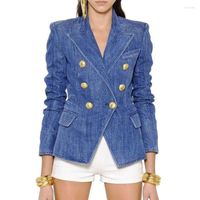 Kadınlar Suits 2022 Tasarımcı Blazer High Street Moda Ceket Kadın Metal Aslan Düğmeleri Çift Kruvaze Denim dış kat