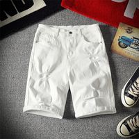 Erkek şort beyaz denim yaz delikleri rahat streç kot pamuklu katı ince fit pantolon elastik diz uzunluğu 220926