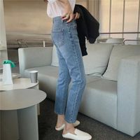 Jeans feminino clássico de cintura alta azul claro mulheres retas calças jeans sólidas