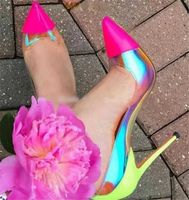 Chaussures habillées pvc fluorescent patchwork femme néon talons jaunes 12cm 10cm 8cm célébrant la piste taille 16