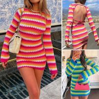 Casual Dresses Y2K Vintage Crochet Patchwork Stripe Mini Dre...