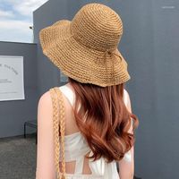 Широкие шляпы краея корейская версия складной ручной соломенной шляпы вручную женскую летнюю приморсную солнцезащитную кепку