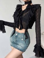 Kadın Tişörtleri Kadınlar 2022 Y2K Harajuku Kadın Seksi Yular Boyun Kırpılmış Gömlek Yüksek Bel Kısa Bluz Uzun Parlamış Sömürü Fransız Tops