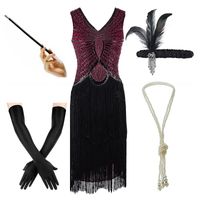 Повседневные платья женская плюс размеры Gatsby Sequin Art Deco Black Flapper 1920S V Nece Beaseded