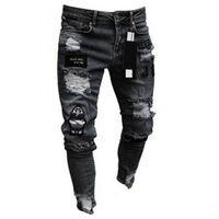 Hombres el estirado desgarrado biker biker bordado impresión estampado destruido agujero delgado fit delgado hip hop jeans negros 220811