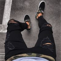 Fashion Mens Cool Designer Black Ripped Skinny Jeans détruit les pantalons de houblon à glissière pantalon de dimnivage effiloché pour hommes 220811