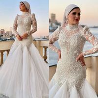 3d blommor applikationer sjöjungfru bröllopsklänning muslimsk höghals långärmad spets brudklänningar klädskå