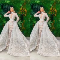 Sexy See atrav￩s do vestido de noiva de sereia com trem destac￡vel de pesco￧o alto vestidos de noiva de luvas compridas vestidos de noiva de renda