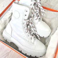White Women Half Boots Designer Tabaulin Cowskin Lace Up Mid Calf Nasual Shoes Qualit