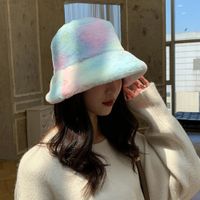 Faux Fur Winter Bucket Hat For Women Fashion Rainbow Soft Wa...