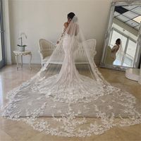 Nuevo 1T nupcial velo de 3m velo de boda de larga encaje marfil blanco lujoso velo de una capa para novia con velos de novia catedral