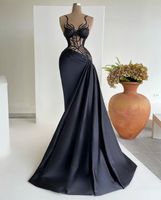 섹시한 검은 인어 무도회 드레스 구슬 뼈 뼈 환상 목 여자 가운 스윕 트레인 새틴 형식 이브닝 드레스