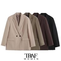 TRAF Women Fashion مزدوجة الصدر الفضفاضة معطف السترة معطف عتيقة جيوب طويلة الأكمام الإناث