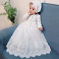 Kız kızlar beyaz vaftiz elbisesi bebe uzun kollu doğum günü nakış vintage elbise örgü vaftiz elbisesi için şapka ile yenidoğan 12m f2321