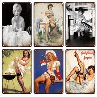 2021 Vintage Sexy Pin-Up Girl Chuveiro Poster Metal Sign Retro Man Cave Artes de parede Poster Tin Plate Chic Banheiro SILH