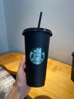 Starbucks 24oz/710ml أكواب بلاستيكية بلاستيل قابلة لإعادة الاستخدام الأسود شرب الكوب السفلي المسطح عمود شكل غطاء القش 50 pcs