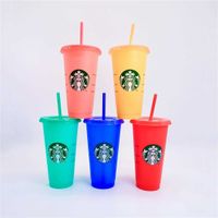 Denizkızı Tanrıça Starbucks 24oz/710ml Plastik Kupalar Tumbler Yeniden Kullanılabilir Açık İçme Düz Alt Sütun Şekli Kapak Saman Kupaları Kupa 10 PCS