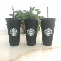 Starbucks 24 oz/710ml Tumbler de plástico reutilizable Beber negro Copa de fondo plano Pilar de tapa Taza de paja Taza 30 PCS DHL