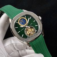 스포츠 녹색 다이얼 자동 달 상 위상 투르 빌론 시계 강철 케이스 녹색 고무 스트랩 고품질 시계 10 컬러