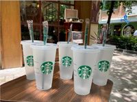 Starbucks 24 oz/710ml de tazas de plástico reutilizable reutilizable para beber plano plano forma de pilar tapa tapa de paja Bardian