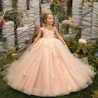 2022 Çiçek Kız Elbiseleri Düğünler İçin Kiliz Tül Parti Elbise Çocuklar İçin Kızlar Dantel Aplikler Prenses Balo Elbise Pageant MC2300 GB0827
