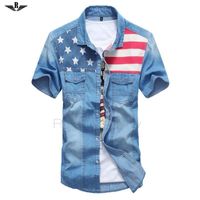 Sommerstil Modes solide kurz￤rmelige Hemd Flagge M￤nnliche l￤ssige Fitness Camisa Jeans Maskulina Turn down Down-Down-Hemd Shirt204p