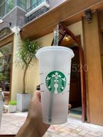 Starbucks 24oz/710 ml Plast Tumbler ￥teranv￤ndbar klart drickande platt bottenkoppar Pelarform Lock Straw Mugs Bardian