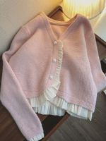 Jackets femininos suéteres femininos outono gentil coreano butão pérola com babados de retalhos rosa Cardigan Cardigan V Malha de malha de manga longa 220827