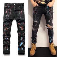 Schwarz bemalte Jeans Herren Distressed Slim Fit Denim 5 Taschen273o