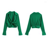 Kadın Tişörtleri Kadın Moda Dönüş Yaka Örtü Yeşil Renk Kamboyu Bluz Kadın Uzun Kollu İnce Gömlek Şık mahsul üstleri