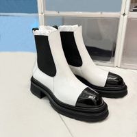 Siyah ve beyaz pürüzsüz deri ayak bileği chelsea botlar platform kayma yuvarlak düz patik tıknaz yarım boot lüks tasarımcı kadınlar kalın topuklu şövalye botları