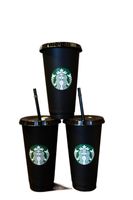 Starbucks 24oz/710ml أكواب بلاستيكية من البلاستيك قابلة لإعادة الاستخدام الأسود شرب الشرب المسطح أسفل عمود الكؤوس القش 50pcs مجانا DHL