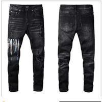 Erkek tasarımcı kot pantolon yüksek elastics sıkıntılı yırtık ince fit motosiklet bisikletçisi denim erkekler moda siyah pantolon#030
