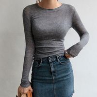 여자 T 셔츠 여성 긴 슬리브 섹시한 얇은 얇은 얇은 슬림 고품질 평범한 셔츠 면화 기본 티셔츠 여성 캐주얼 탑