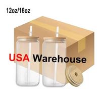 ABD Depo DIY kupaları 12oz 16oz 25oz süblimasyon cam bira kupası bambu kapaklı saman boş buzlu açık kavanoz bardağı kupalar