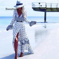 Bohemian Printing Beach Dress Press с длинным рукавом Hippie Chic Long Maxi Holiday Dress Play 3xl Планки плюс отдых vestidos270l