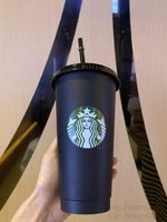 Starbucks sjöjungfru gudinna 24oz/710 ml plastmugg tumlare återanvändbar svart dricka platt botten pelare form lock halskoppar