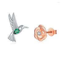 Saplama Küpe Sterling-Silver sevimli hayvan sinek kuşu gül çiçeği asimetrik, yeşil CZ doğum günü mücevher hediyesi kadınlar için