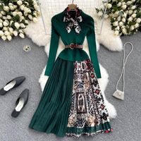 L￤ssige Kleider Fr￼hling Herbst Korean Elegant gestricktes Patchwork hochwertiges Kleid Frauen Langarm Retro Druck Falteng￼rtel Vestidos