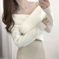 Suéteres femininos de inverno e primavera feminina 2022 Pullover de caxemira V retirar para trás sexy fora do ombro malha coreana
