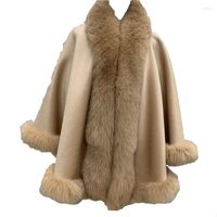 Scarves Women' s Real Wool Shawl With Genuine Fur Trimmed...