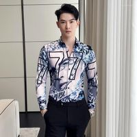 Camisas casuais masculinas Moda coreana para homens Spring Autumn retro Impresso de mangas compridas Slim Fit Mens Floral camisa