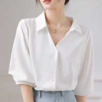 Kadın bluzları beyaz v yaka şifon gömlek kadınlar 2022 Kore moda giyim femme basit stil üç çeyrek düğme blusas mujer