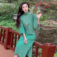 الملابس العرقية 2022 الصينية التقليدية تشيونغسام نساء Qipao فستان ساتان أنثى أنيقة الحزب الخمر الشرقية